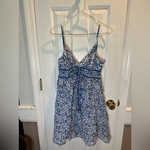 Y2K Babydoll Dress Blue & White Floral Studio M Med Mini Sundress Cotton Silk‎
